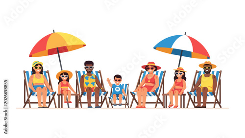 Canvastavla Sunny Beach Vacation: A happy family enjoys a day at the beach, relaxing on lounge chairs under colorful umbrellas, creating cherished summer memories