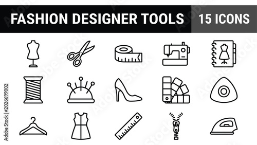 Foto Fashion designer tools icon set, 15 sewing and tailoring vector icons, dressmaki