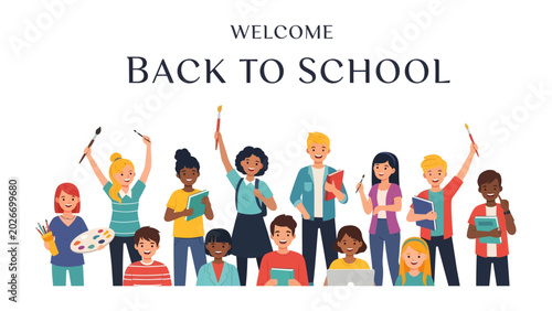 Quadro su tela Welcome Back to School: A vibrant and diverse group of students of various ages and ethnicities, holding art supplies and books, eagerly anticipate the start of a new academic year