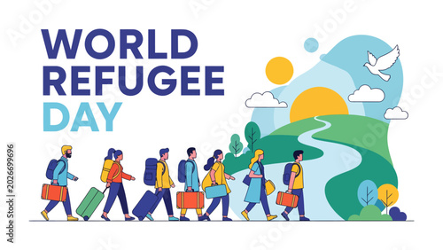 Quadro em tela World Refugee Day Illustration: A group of diverse individuals with luggage walks along a winding path towards a brighter future, symbolizing hope and resilience for World Refugee Day