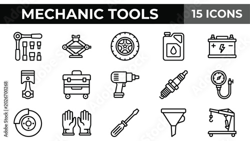 Mechanic tools icon set, 15 car repair line icons vector, automotive service equipment and garage maintenance symbols