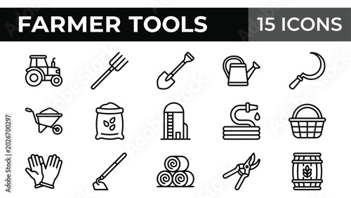 Canvastavla Farmer tools icon set, 15 agriculture line icons, gardening equipment vector sym