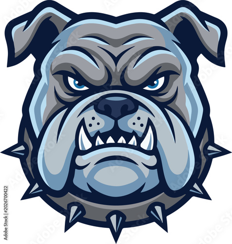 Bulldog mascot logo. Angry dog head vector illustration. Fierce canine sports emblem. Grey bulldog face. Professional mascot design. Bulldog icon. Animal head symbol. Pitbull mascot character. Esports