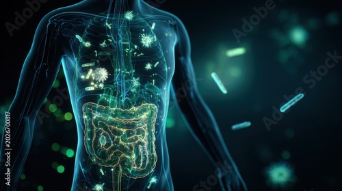 Futuristic medical visualization of healthy and unhealthy gut microbiome inside intestines, glowing bacteria ecosystems, semi transparent human