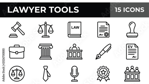 Canvas Print Lawyer tools icon set, 15 legal line icons for justice and court, professional l