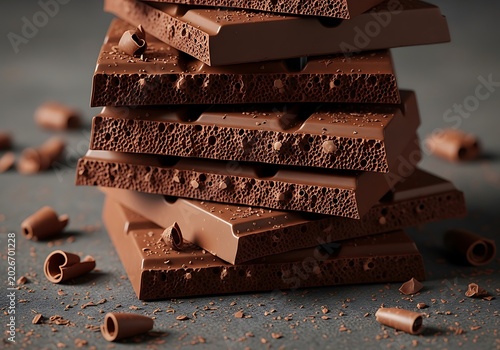 Stacked Milk Chocolate Bars with Shavings on Dark Rustic Surface