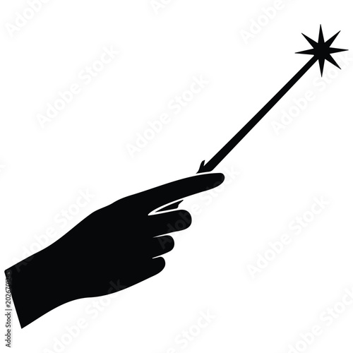 Minimalist hand holding magic wand vector silhouette illustration with pointed star light.