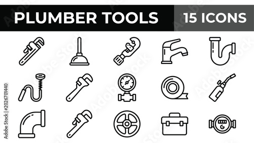 Foto Plumber tools icon set with 15 line icons, professional plumbing equipment symbo