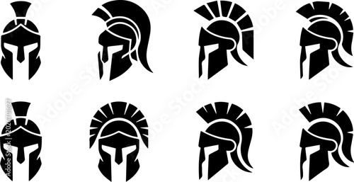 Bild auf Leinwand Ancient Spartan warrior helmet silhouette icon set in profile view for historica