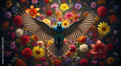 Vibrant Blue Bird Spreading Wings Among Colorful Flowers in Dramatic Floral Garden