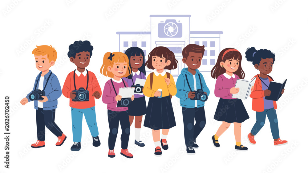 Obraz premium Children on a Field Trip: A group of diverse elementary school children, each holding a camera or a book, walk in front of a school building, ready for an educational adventure.