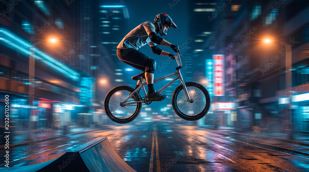 Fototapeta premium Bmx rider performing a trick at an urban skate park.