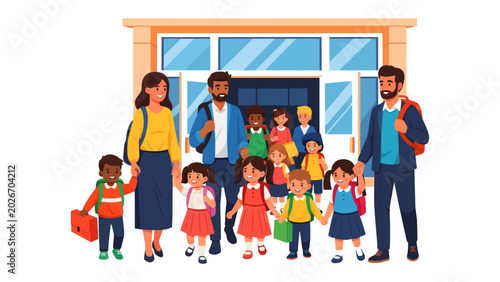 Photography Happy School Day: A vibrant illustration depicting parents and children arriving at school, ready for a day of learning and fun