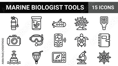 фотографія Marine biologist tools icon set, 15 ocean research line icons, underwater explor
