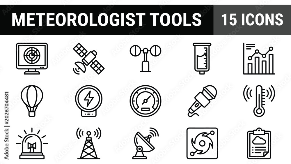 Fototapeta premium Meteorologist tools icon set, 15 weather forecasting line vectors, professional meteorology equipment symbols pack