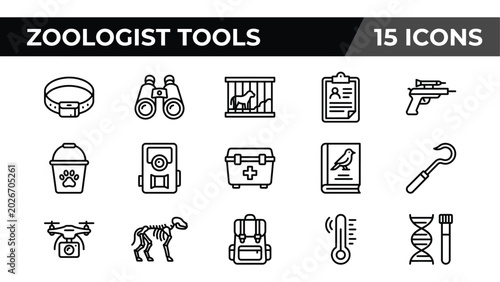 Obraz na plátně Zoologist tools icon set, 15 professional wildlife research line icons, veterina