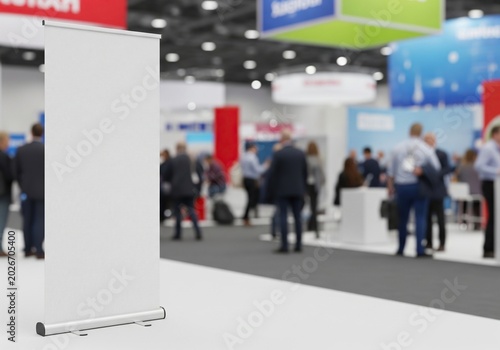 Blank pull up banner standing in a blurred busy exhibition hall with people mingling