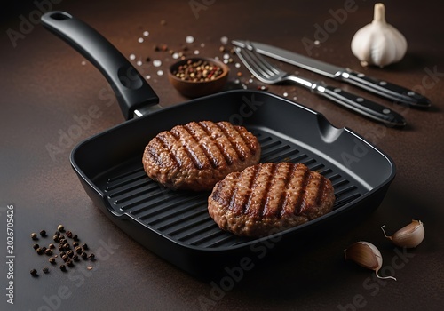 Grilled Beef Patties Resting in Black Grill Pan on Dark Kitchen Surface