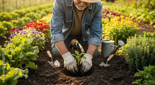 Mature Gardener Planting Seedling in Colorful Flower Garden