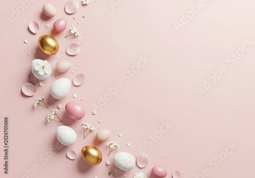 Pastel Easter Eggs and Spring Flowers Arranged on Soft Pink Background