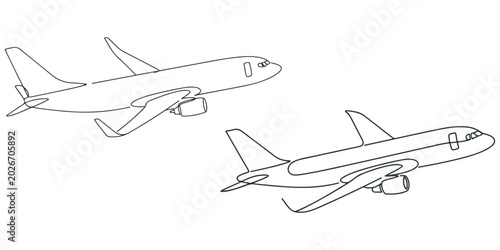 Two commercial planes flying in sky vector line artwork.