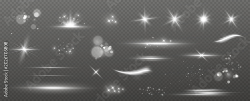 Bright Light Explosion with Glowing Star Rays on Transparent Background. Radiant Sun Flash and Lens Flare Effect.