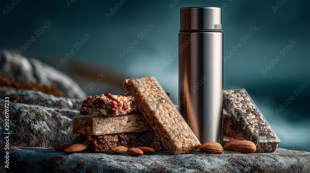 Fototapeta premium Modern stainless steel thermos surrounded by energy bars and almonds on natural rock surface