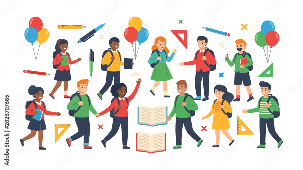 Fototapeta premium Diverse group of cheerful children with backpacks, books, and school supplies celebrating the start of a new school year in a colorful, flat illustration.