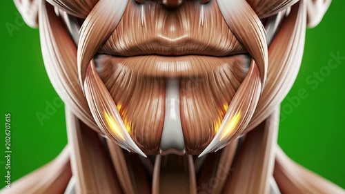 Detailed 3D Anatomical Illustration of Facial Muscle Structure Focused on Jaw and Lip Muscles With Bright Green Background for Educational Use