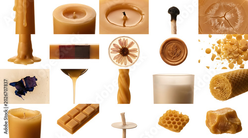 Collage of beeswax candles and honeycomb with home decor honeycomb fragrance