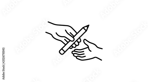 Obraz na plátně Line icon illustration of one hand passing a pencil to another hand