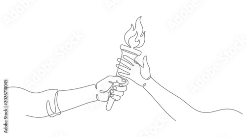 Foto Continuous one line drawing of hands passing a burning torch.