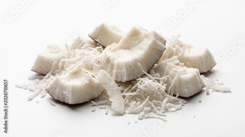 Fresh Pieces of Coconut Meat with Grated Coconut Flakes Isolated on White Background