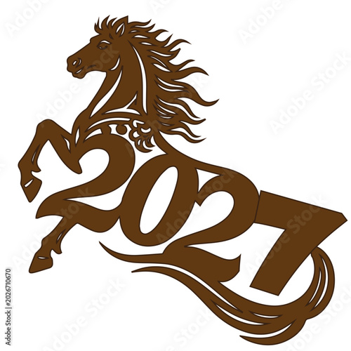Fotografie A stylized brown horse dynamically jumping over the year 2027 numbers, symbolizing success, progress, and a powerful start to the new year