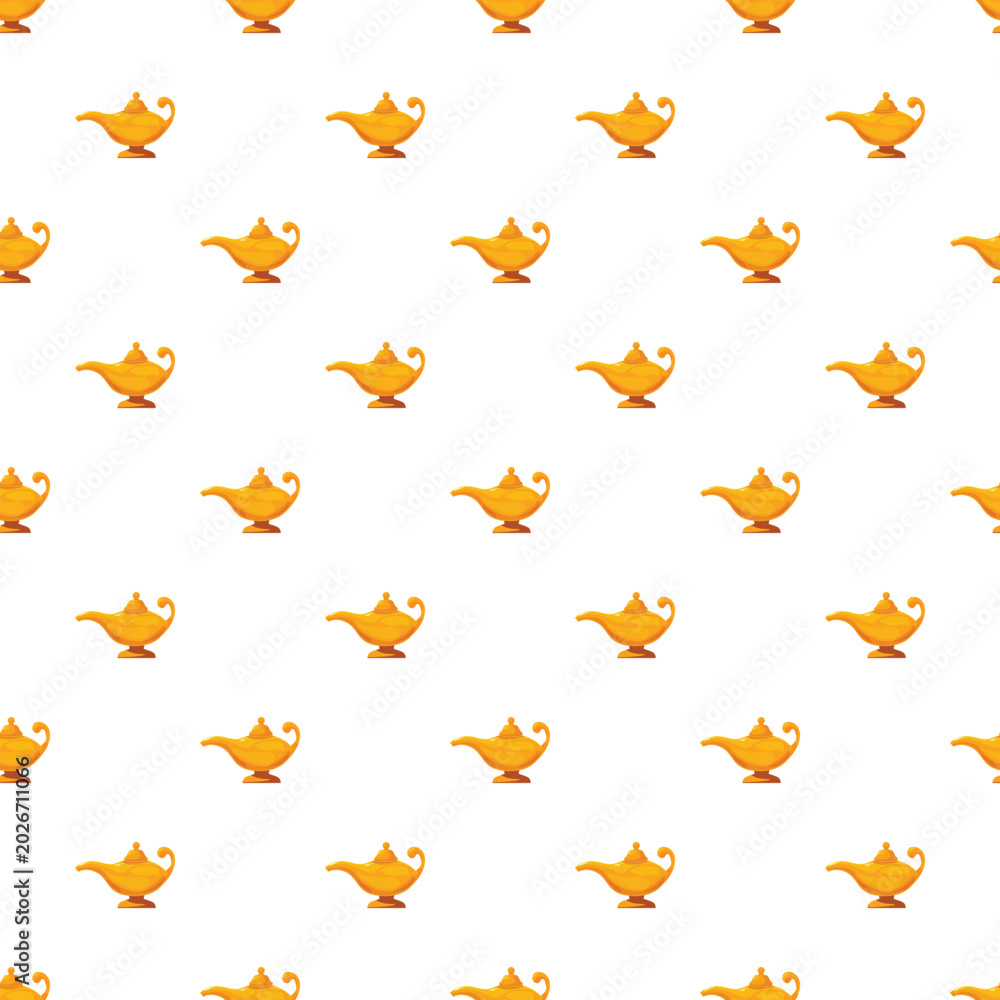 Fototapeta premium Golden magic lamps repeat across a white background, forming a seamless pattern