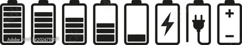 Foto Battery charge level indicators and plug icon vector graphic with energy level,