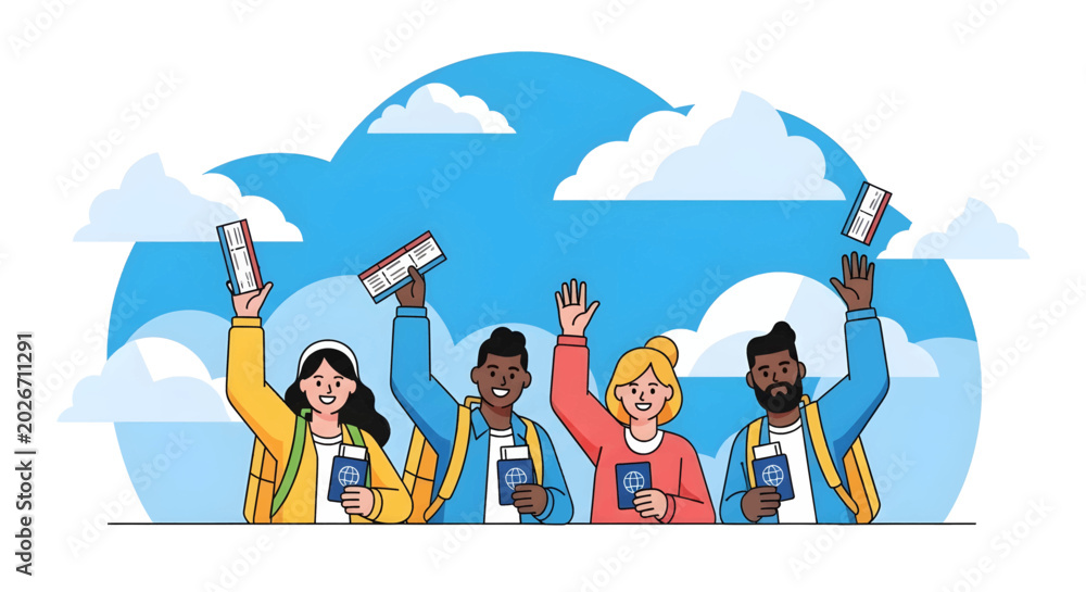 Fototapeta premium Diverse group of happy young travelers holding passports and tickets, ready for an adventure.