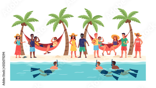 Cuadro en lienzo Tropical Paradise Getaway: Diverse group of people enjoying a leisurely vacation on a sun-drenched beach, complete with palm trees, hammocks, and crystal-clear water for snorkeling