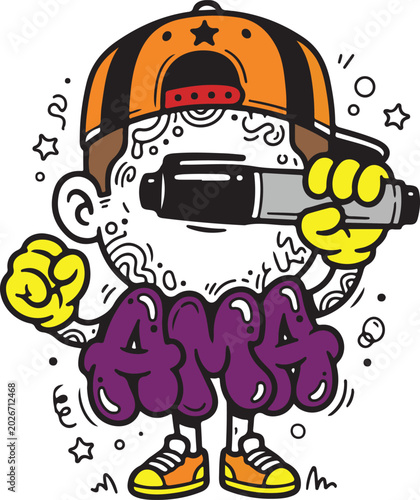 Photos Cartoon character with orange hat holding microphone and graffiti text