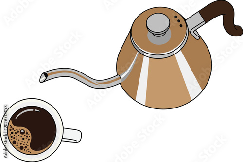 Photos Pour over coffee gooseneck kettle and hot espresso cup top view vector illustrat