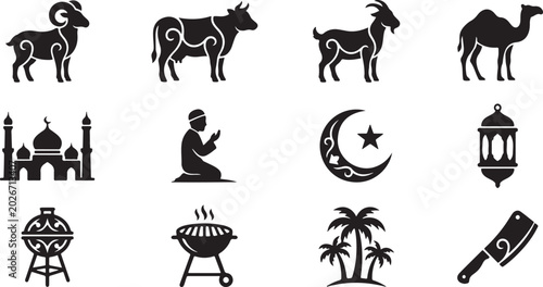 Canvastavla Set of black silhouette icons for eid al adha festival featuring sacrificial ani