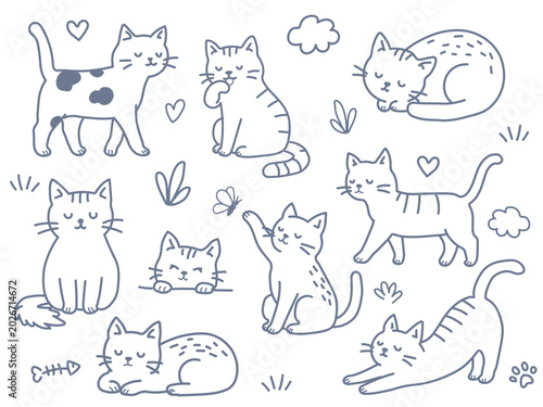 Photography Line art cats doodle set with domestic kittens sleeping playing catching butterf