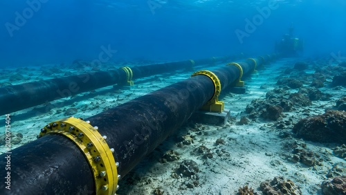 Underwater pipeline on ocean floor showing submarine cable infrastructure marine engineering offshore energy communication network and deep sea technology