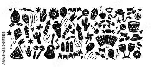 Festa Junina carnival icons with crayon texture. Music party set with accordion, guitar, bonfire, drum and lantern drawn with black chalk, vector illustration