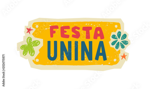 Festa Junina festival banners with crayon text and drawn elements. Brazilian summer carnival posters with chalk smear block, flowers, stars. June party poster, vector illustration