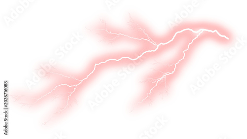 Red lightning bolt with electric glow, powerful thunderstorm flash effect, vibrant neon energy discharge for creative design overlays isolated PNG with Transparent Background