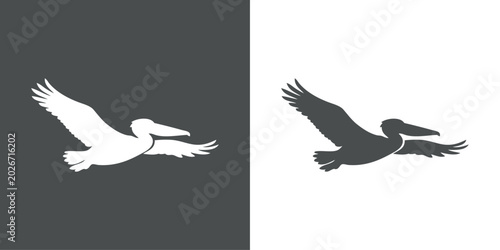 Logotipo con dibujo minimalista de la silueta de un pelícano con las alas abiertas volando, visto en perspectiva 