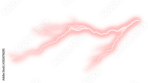 Red lightning bolt with glowing electric aura, vibrant pink thunderbolt strike, atmospheric electrical discharge effect for creative design isolated PNG with Transparent Background