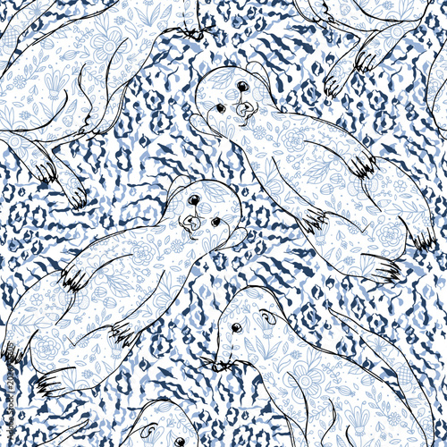 Obraz na plátně Seamless vector pattern featuring cute meerkats with fine floral line art details on their bodies