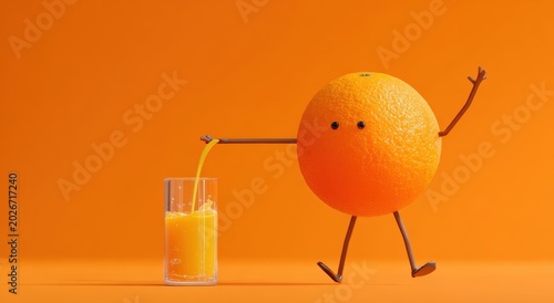 Playful orange character pouring juice into a glass against a vibrant orange background. Freshness in motion.